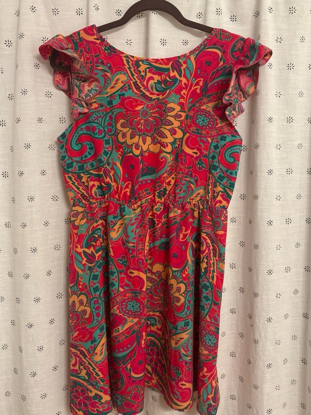 Red Paisley Floral Mini Dress with Flutter Sleeves